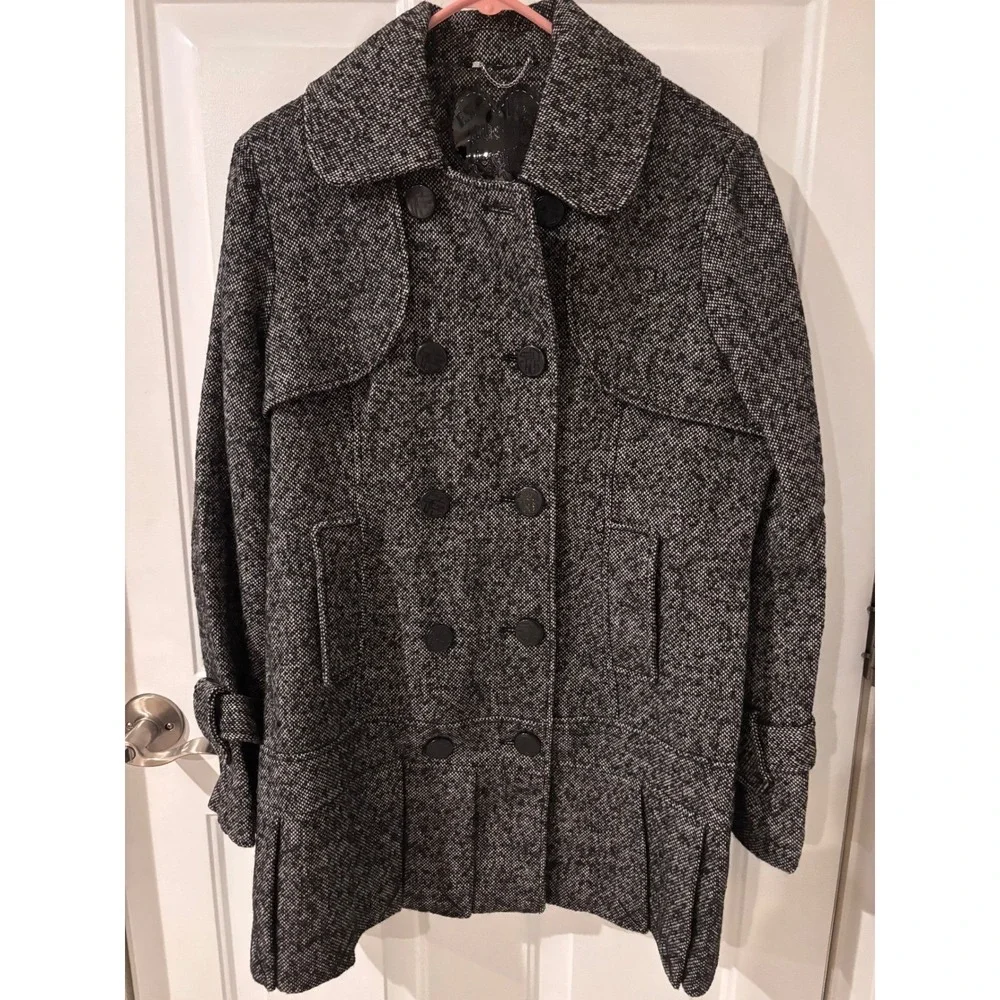 Guess Tweed‎ Double Breasted Peplum Coat Women's XL Black White Textured Button